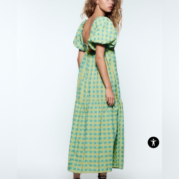 Blogger Favorite Zara Pastel Blue Yellow Puff Sleeve Dress Checkered size Small - Picture 4 of 7